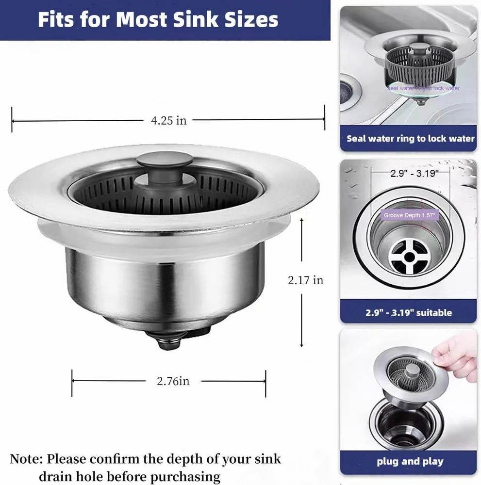 Stainless Steel 3 IN 1 KITCHEN SINK DRAIN STRAINER STOPPER