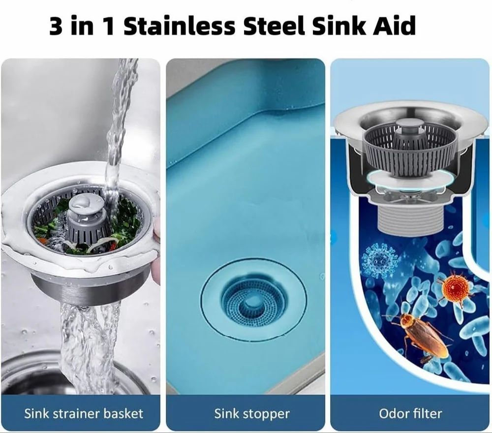 Stainless Steel 3 IN 1 KITCHEN SINK DRAIN STRAINER STOPPER